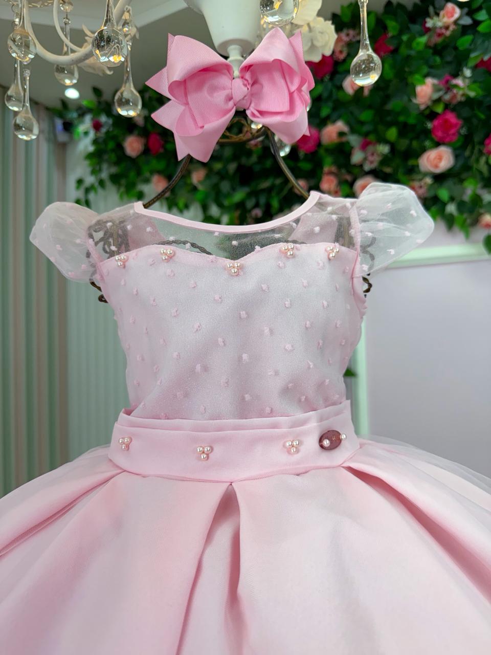 Vestido Infantil Rosa em Tule com Pérolas Delicadas