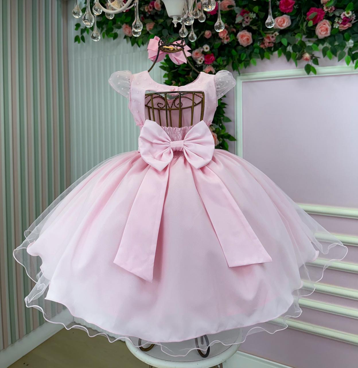 Vestido Infantil Rosa em Tule com Pérolas Delicadas