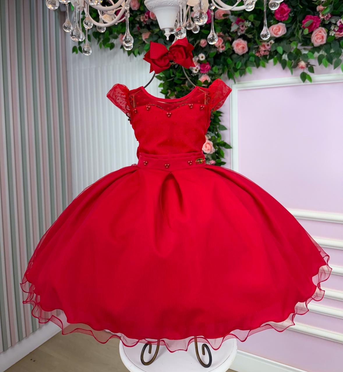 Vestido Infantil Vermelho em Tule com Pérolas