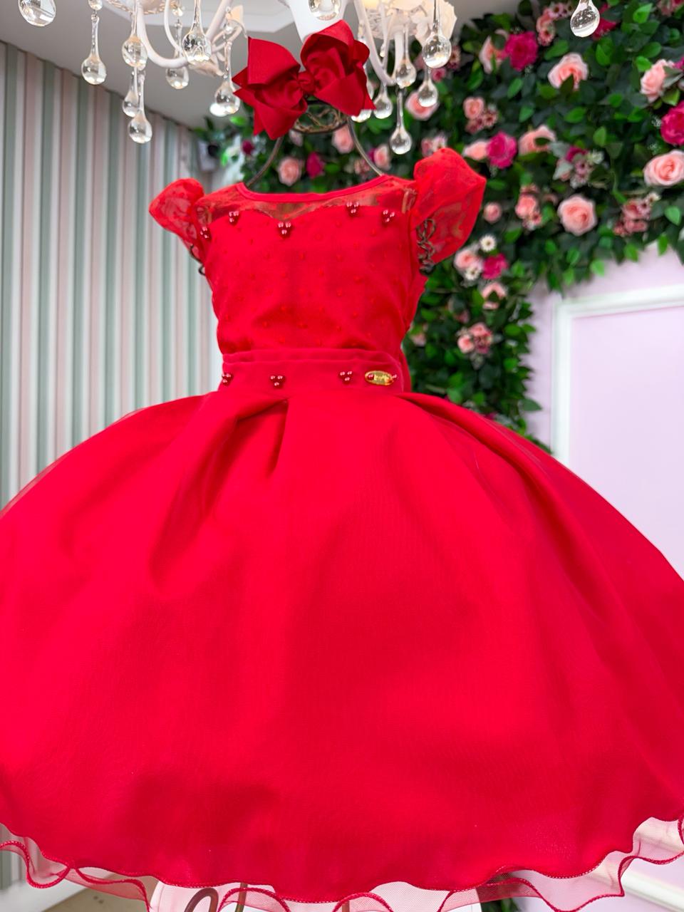 Vestido Infantil Vermelho em Tule com Pérolas