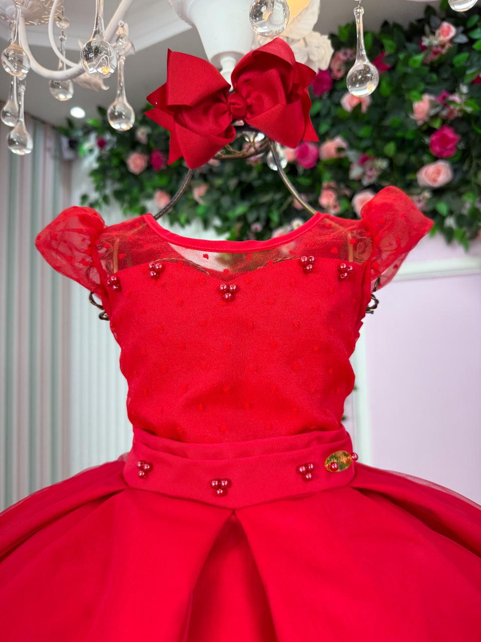 Vestido Infantil Vermelho em Tule com Pérolas