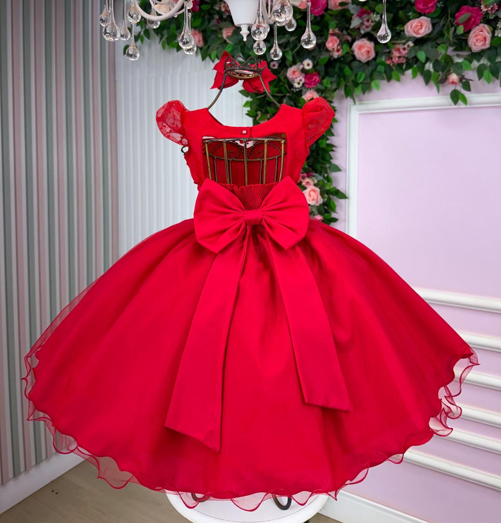 Vestido Infantil Vermelho em Tule com Pérolas