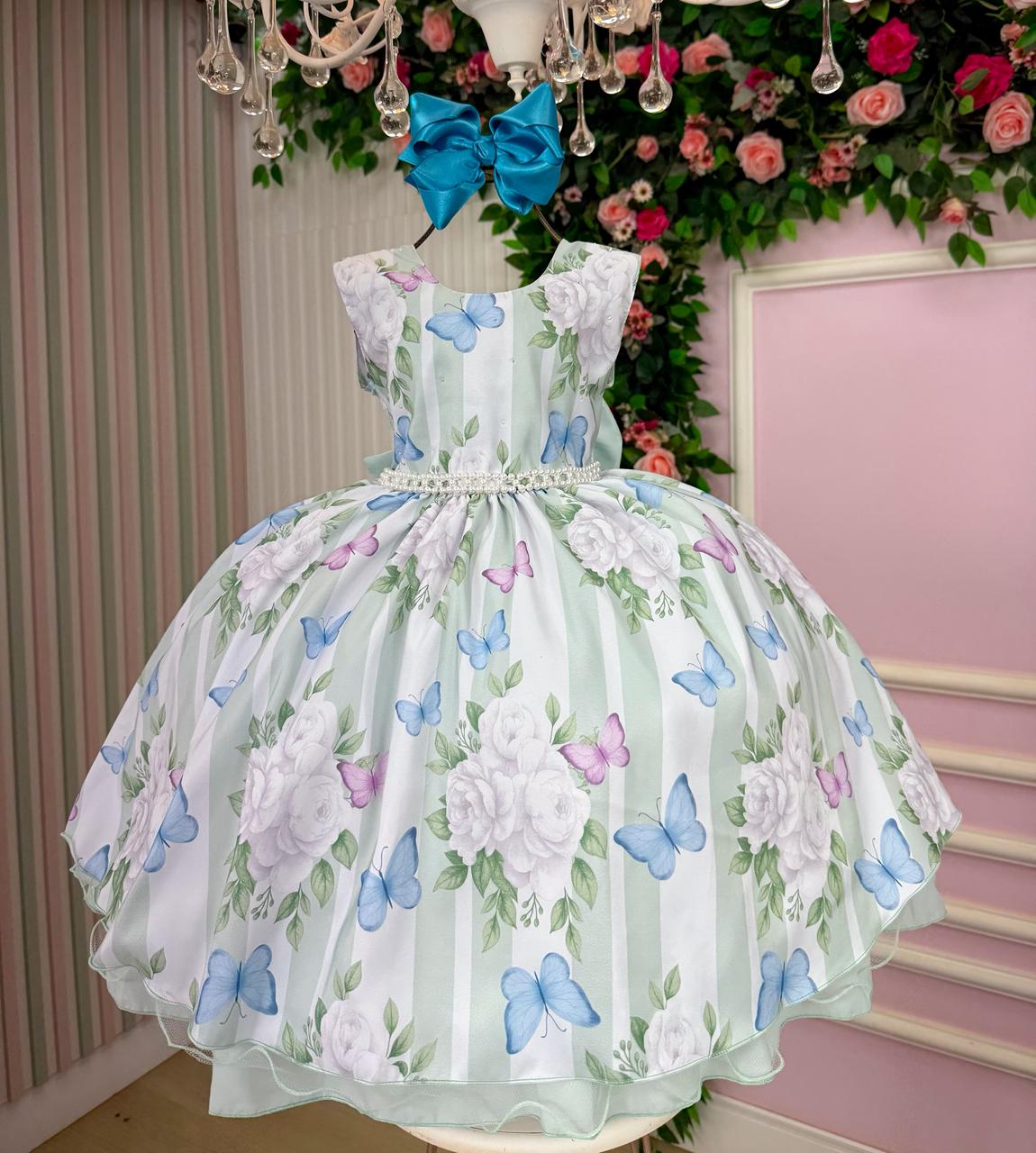Vestido Verde Menta com Estampa de Flores e Borboletas para Crianças
