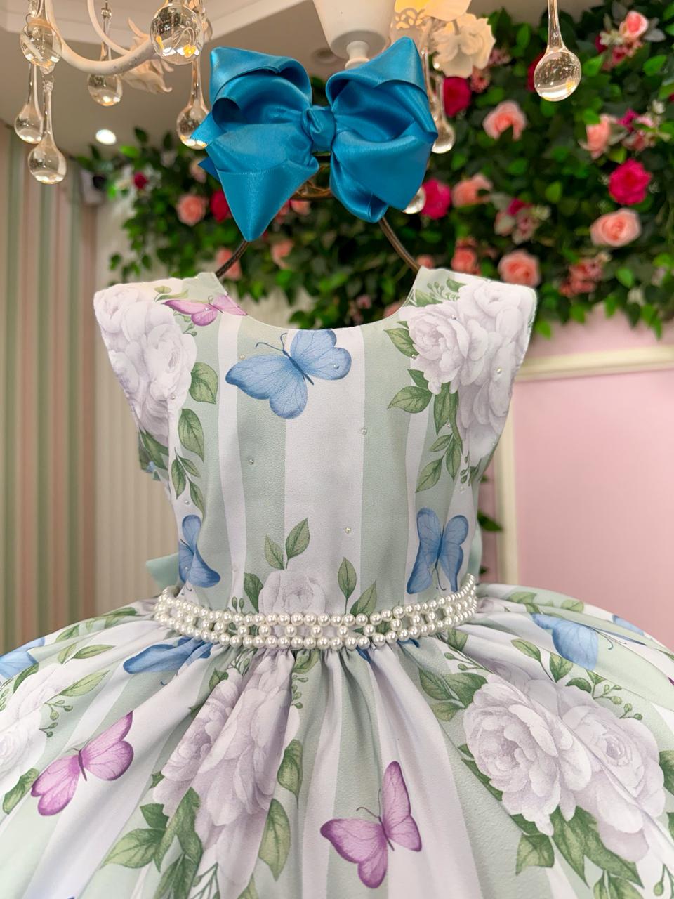 Vestido Verde Menta com Estampa de Flores e Borboletas para Crianças