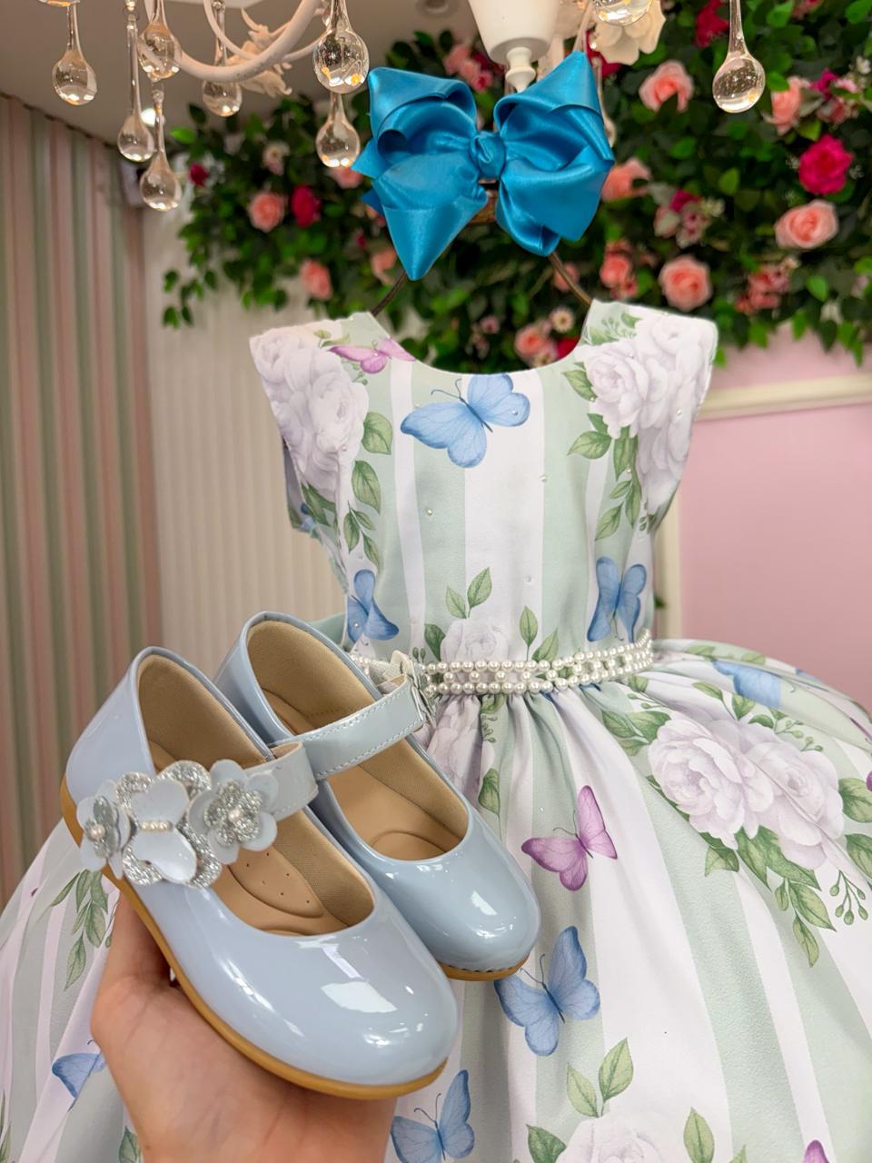 Vestido Verde Menta com Estampa de Flores e Borboletas para Crianças