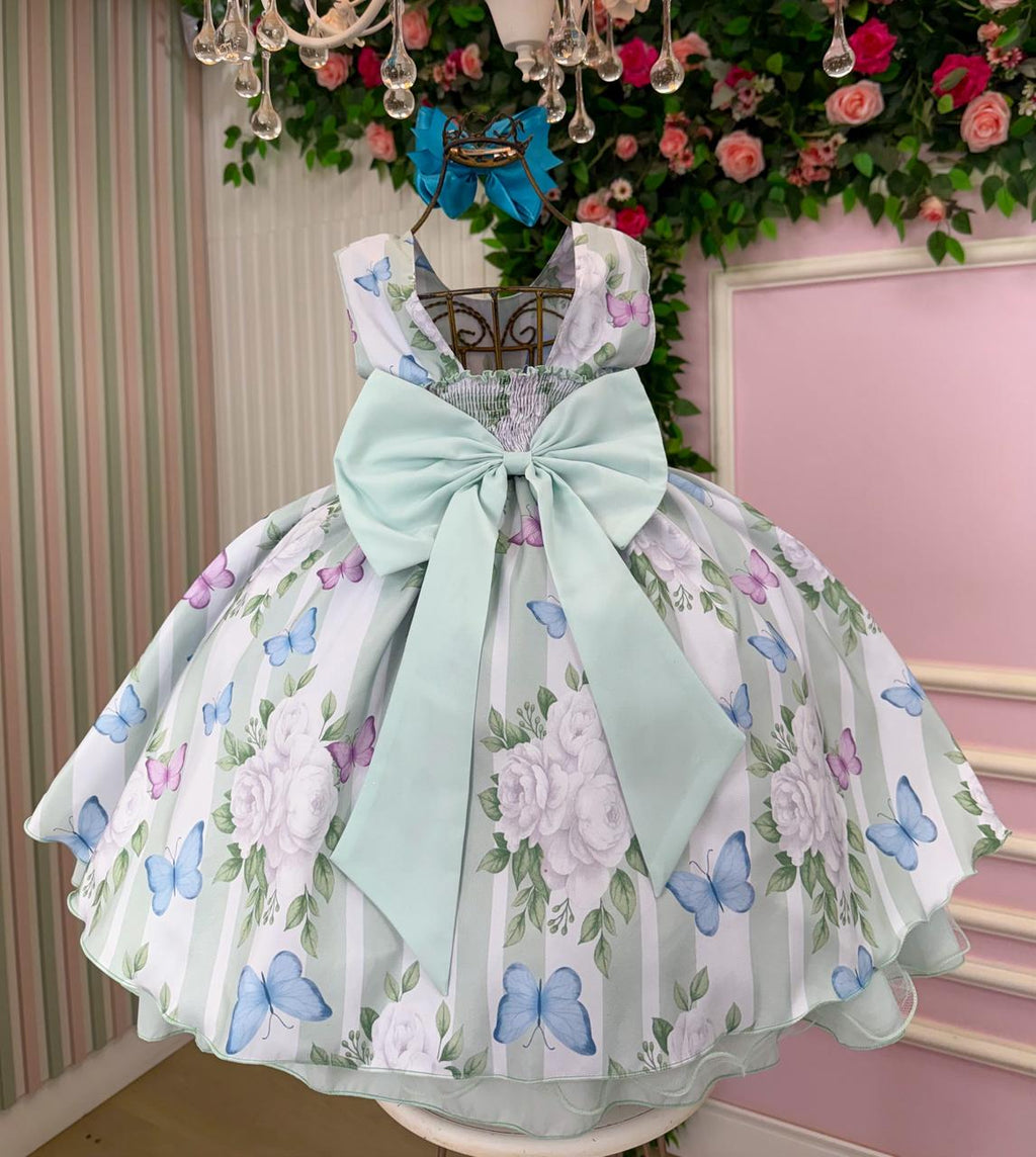 Vestido Verde Menta com Estampa de Flores e Borboletas para Crianças