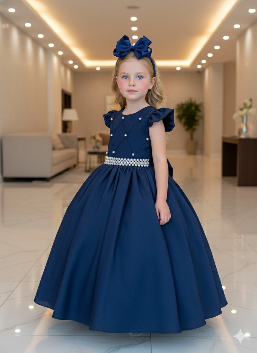 Vestido Longo Azul Marinho em Tule e Poliéster para Festas e Formaturas
