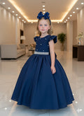Vestido Longo Azul Marinho em Tule e Poliéster para Festas e Formaturas