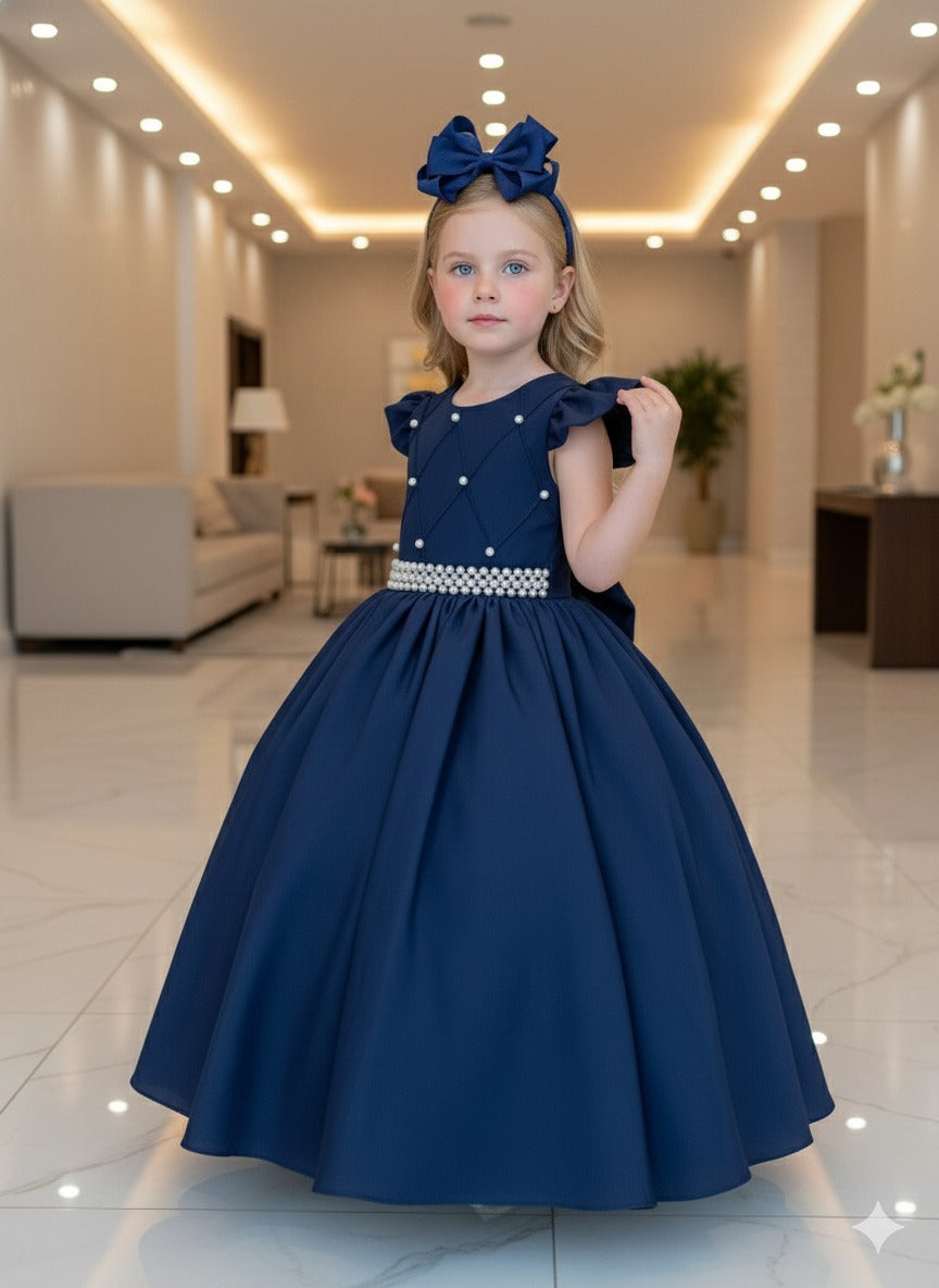 Vestido Longo Azul Marinho em Tule e Poliéster para Festas e Formaturas