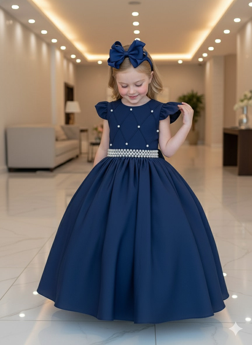Vestido Longo Azul Marinho em Tule e Poliéster para Festas e Formaturas