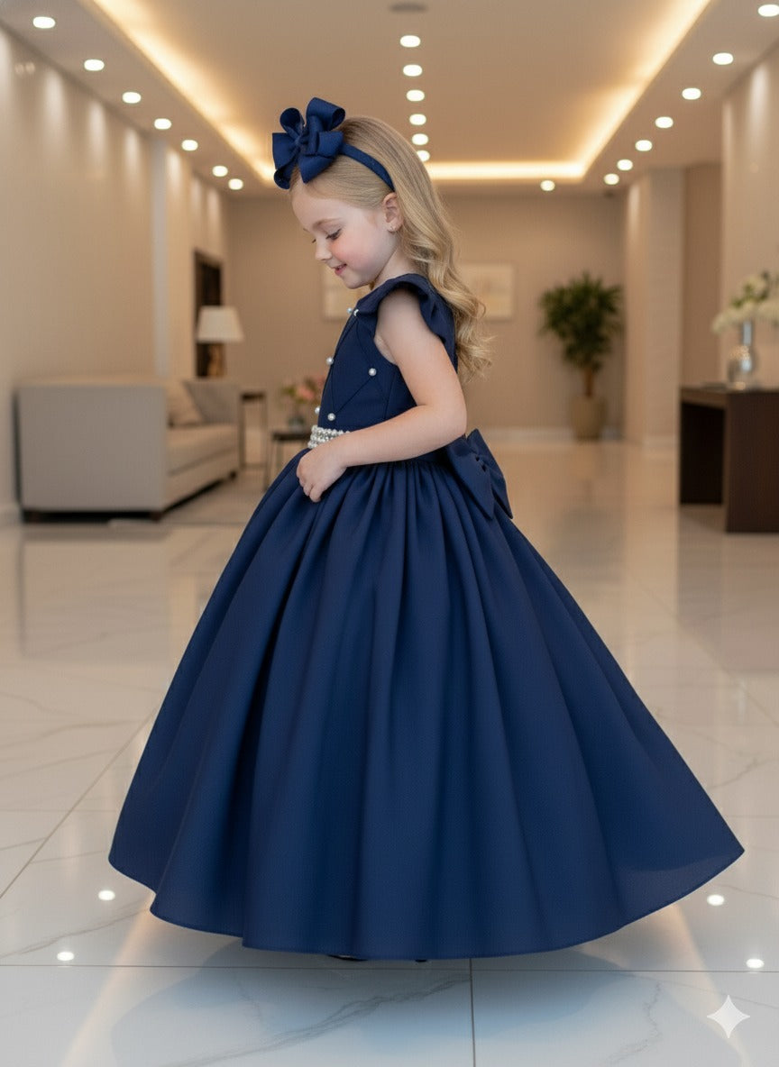 Vestido Longo Azul Marinho em Tule e Poliéster para Festas e Formaturas