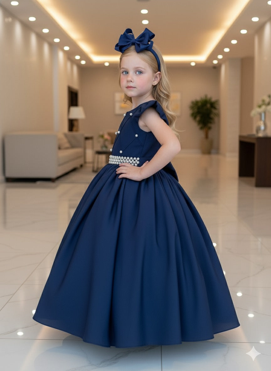 Vestido Longo Azul Marinho em Tule e Poliéster para Festas e Formaturas