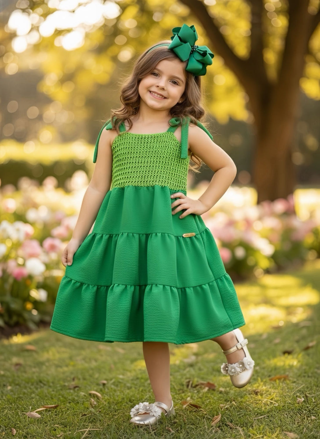 Vestido Infantil Verde Bandeira Casual Luxo