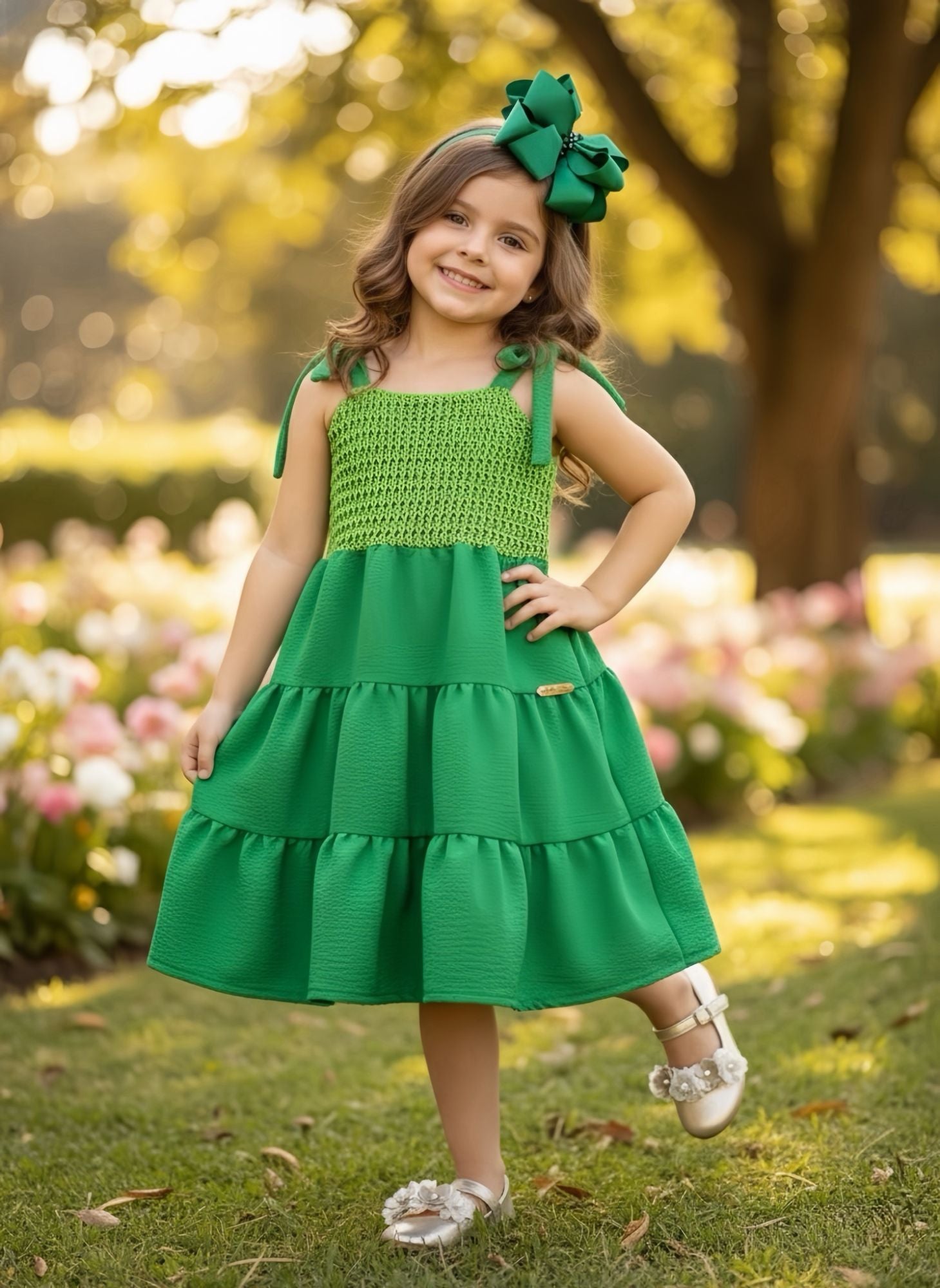 Vestido Infantil Verde Bandeira Casual Luxo