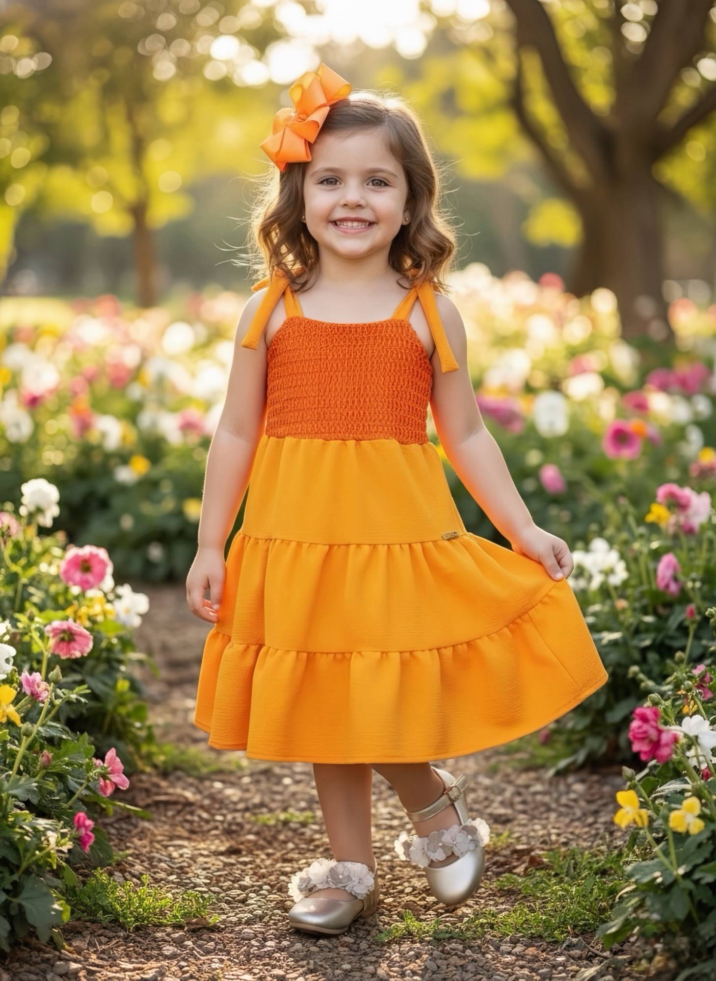 Vestido Infantil Laranja Casual de Alça Luxo