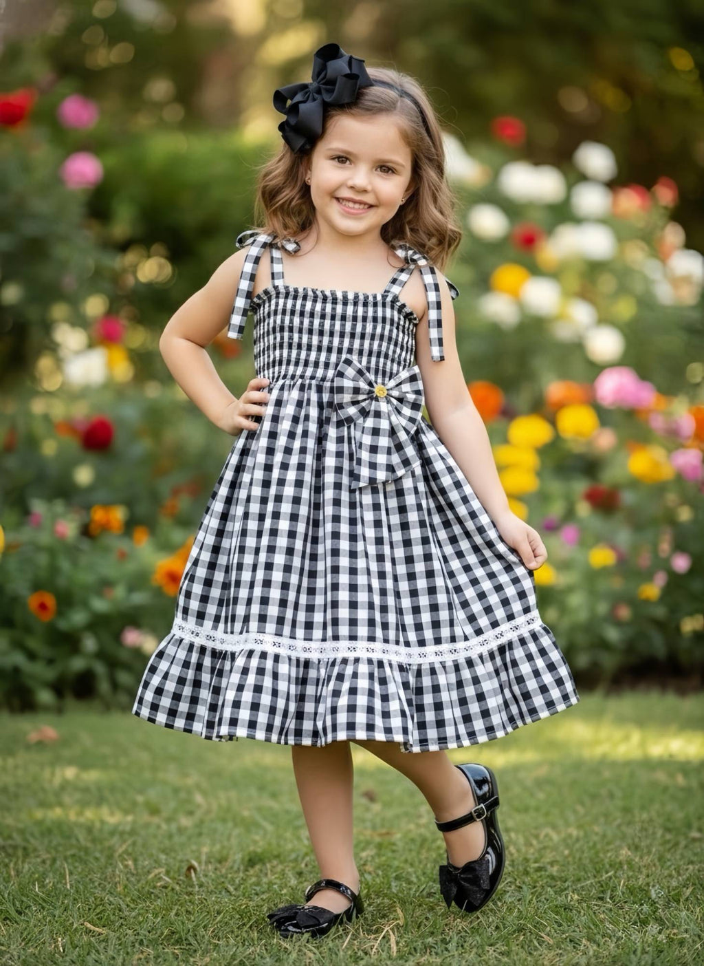 Vestido Infantil Xadrez Preto com Alças e Broche Casual