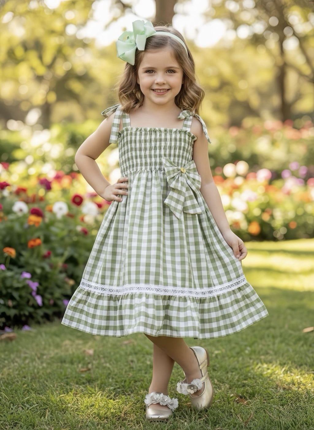 Vestido Infantil Xadrez Verde Claro com Broche para Uso Casual