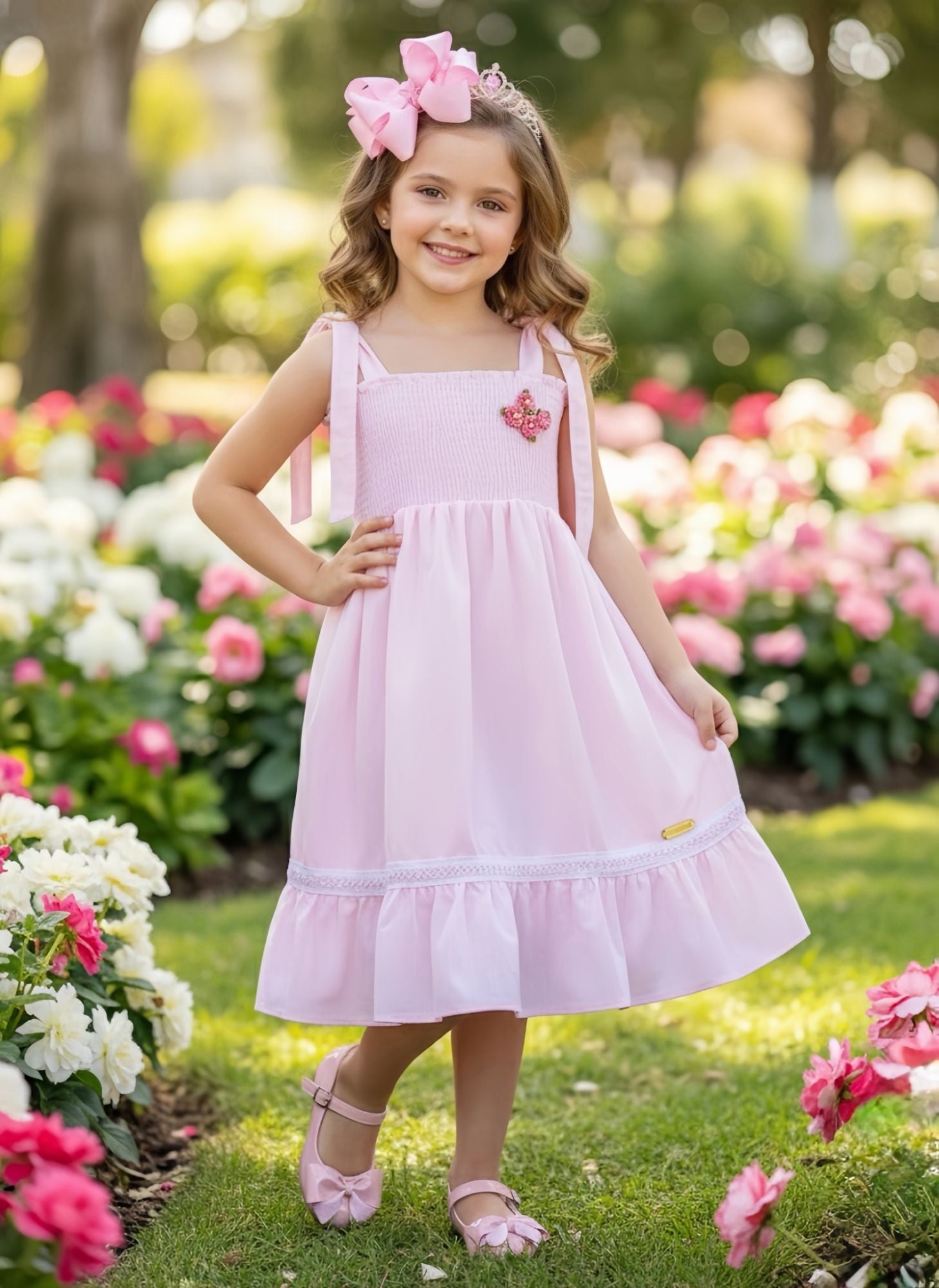 Vestido Infantil Rosa Claro de Alça em Algodão para Festas