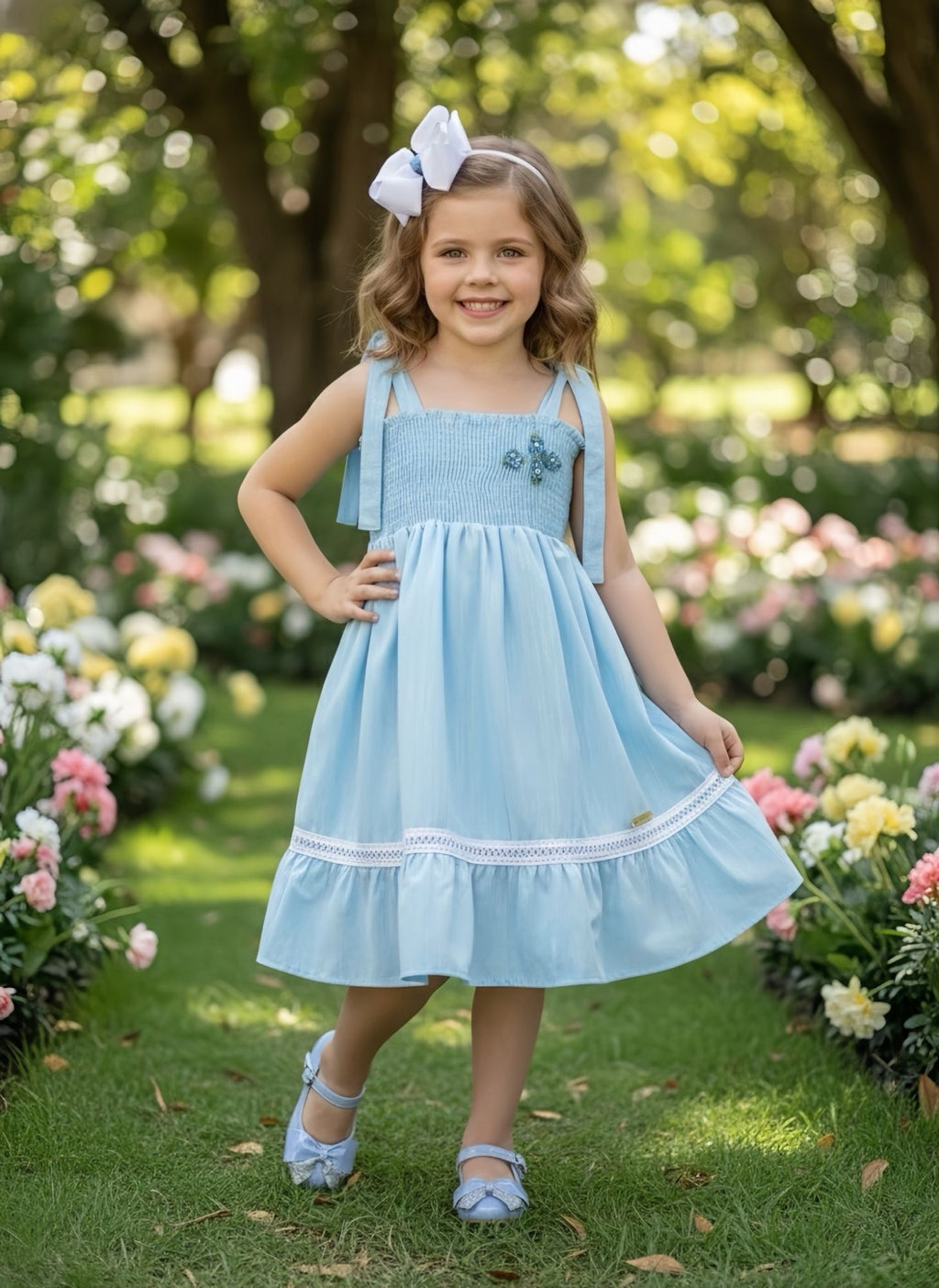 Vestido Infantil Azul Claro 100% Algodão Casual para Festas