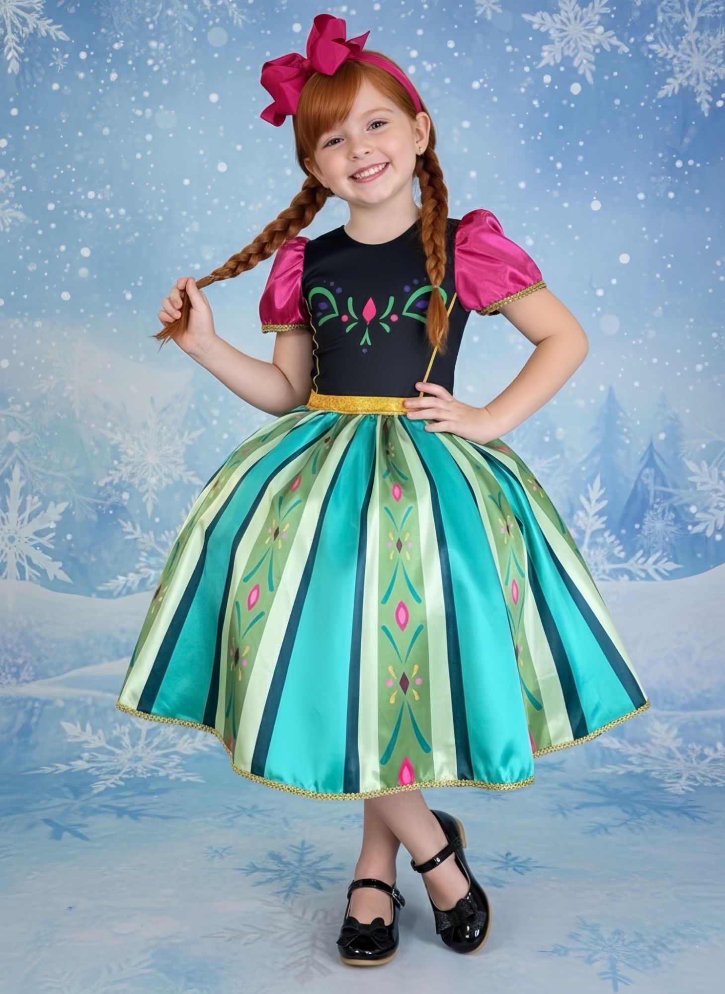 Vestido Infantil Princesa Anna Frozen em Cetim Estampado para Festas