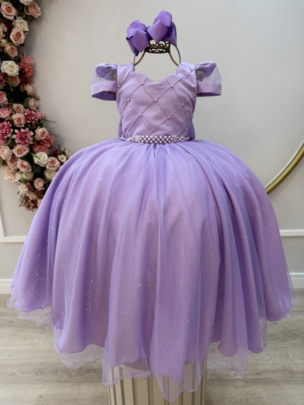 Vestido Longo Infantil Lilás com Busto Nervurado e Cinto de Pérolas