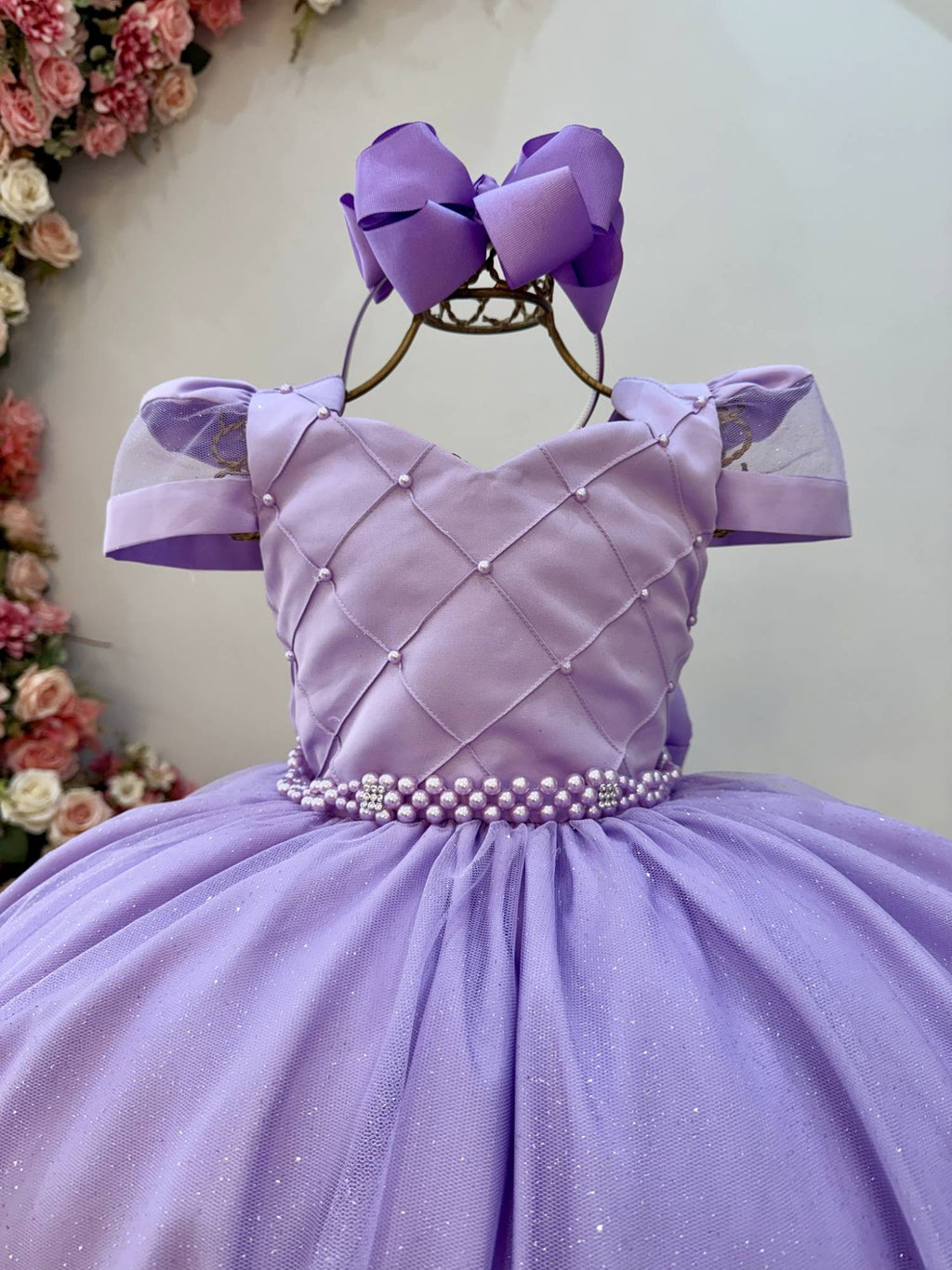 Vestido Longo Infantil Lilás com Busto Nervurado e Cinto de Pérolas