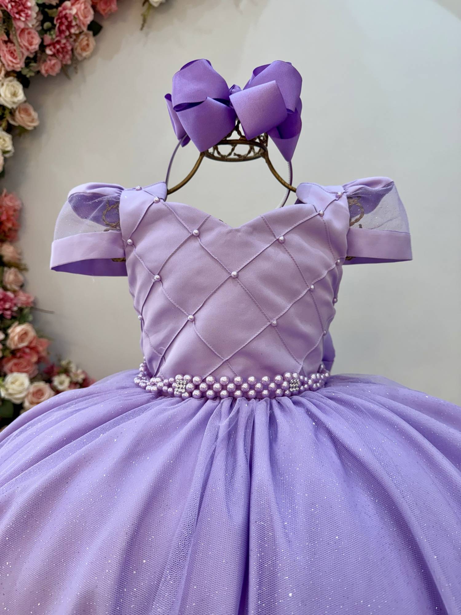 Vestido Longo Infantil Lilás com Busto Nervurado e Cinto de Pérolas
