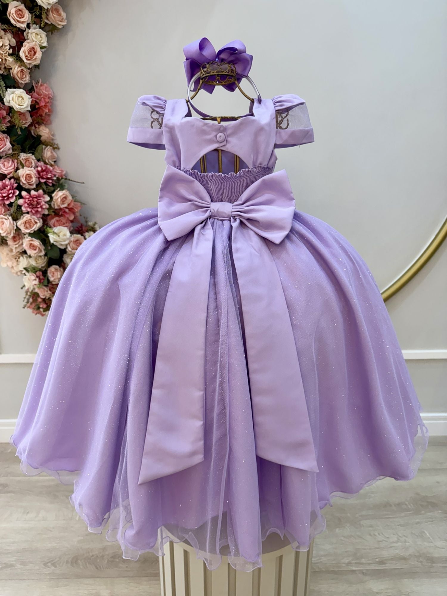 Vestido Longo Infantil Lilás com Busto Nervurado e Cinto de Pérolas