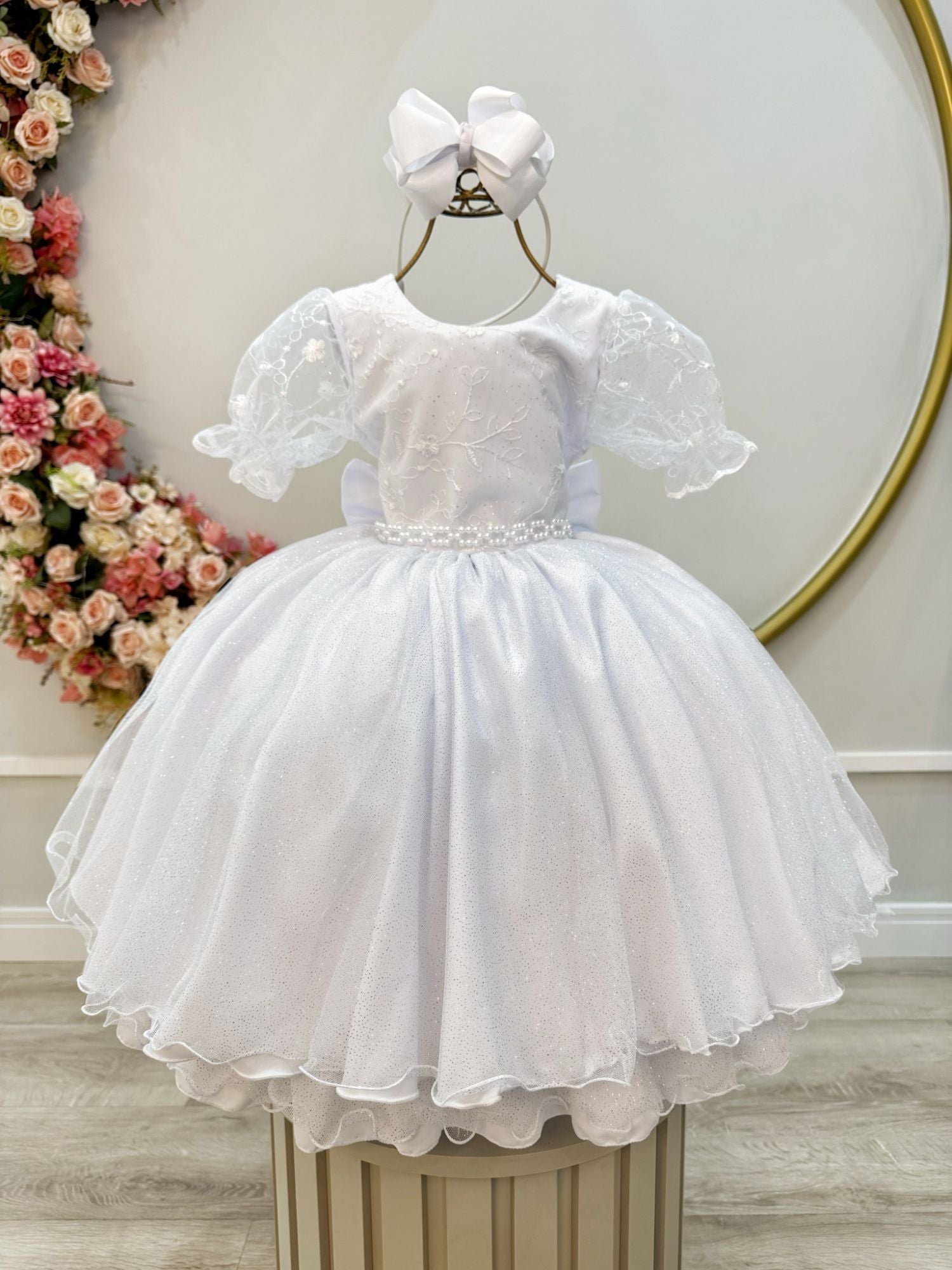 Vestido Luxuoso Infantil Branco com Renda e Tule para Festas