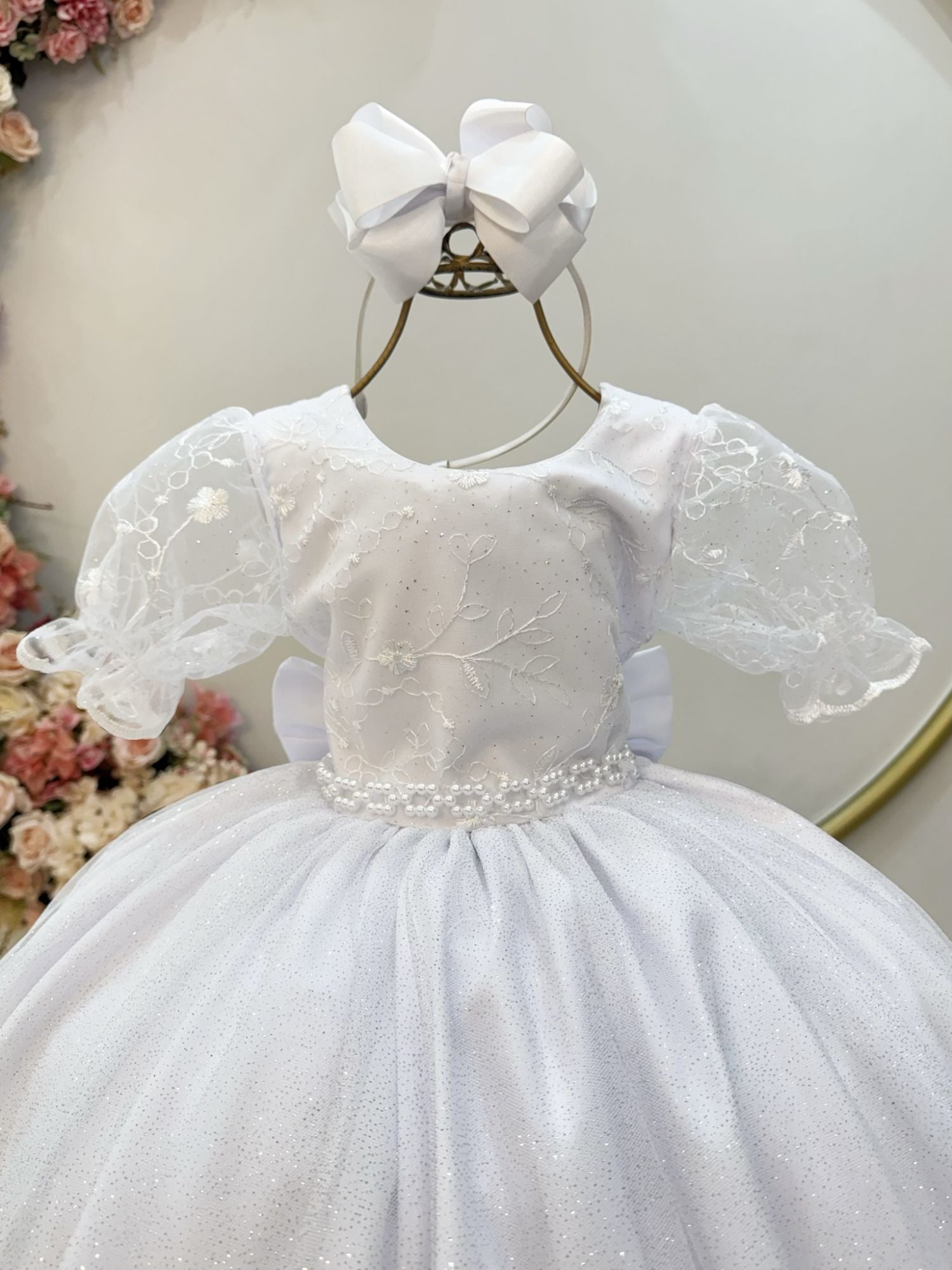 Vestido Luxuoso Infantil Branco com Renda e Tule para Festas