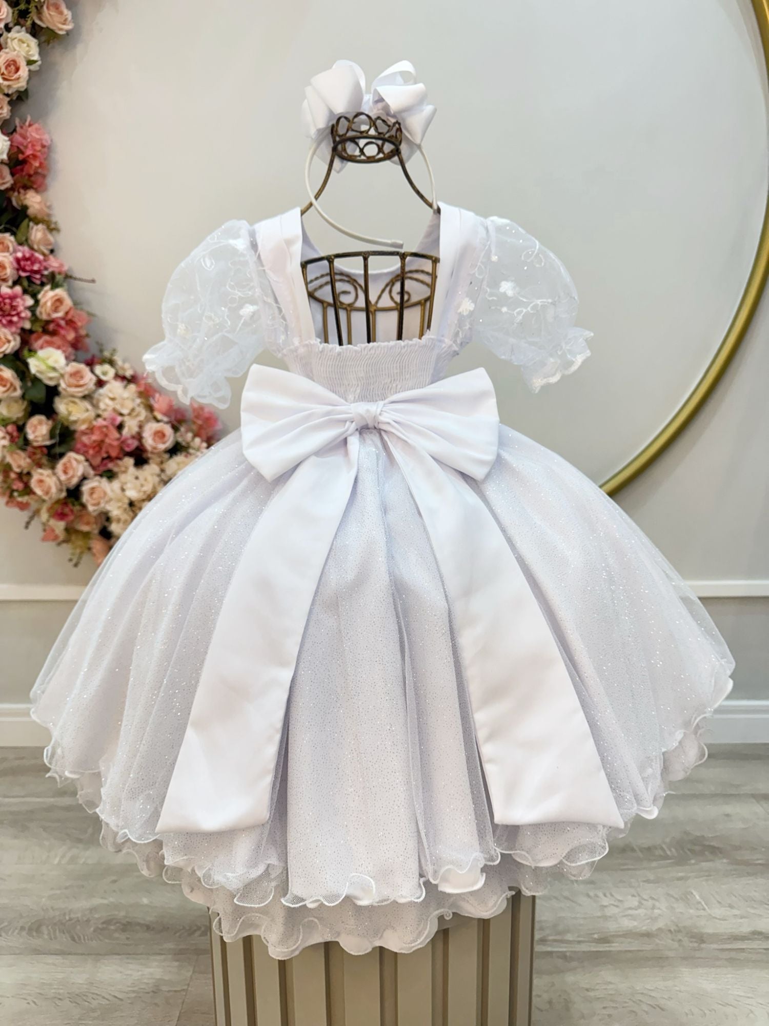 Vestido Luxuoso Infantil Branco com Renda e Tule para Festas