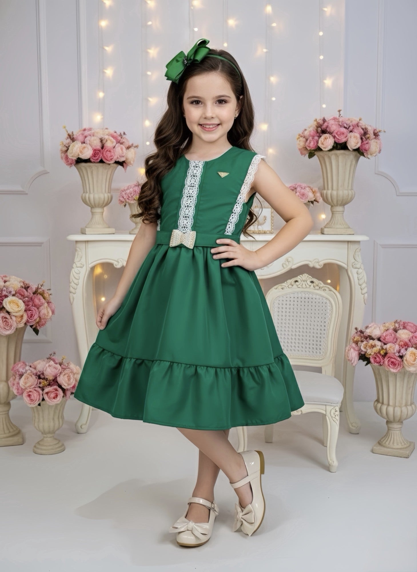 Vestido Infantil Verde Bandeira C/ Guipir Cinto Broche Festas