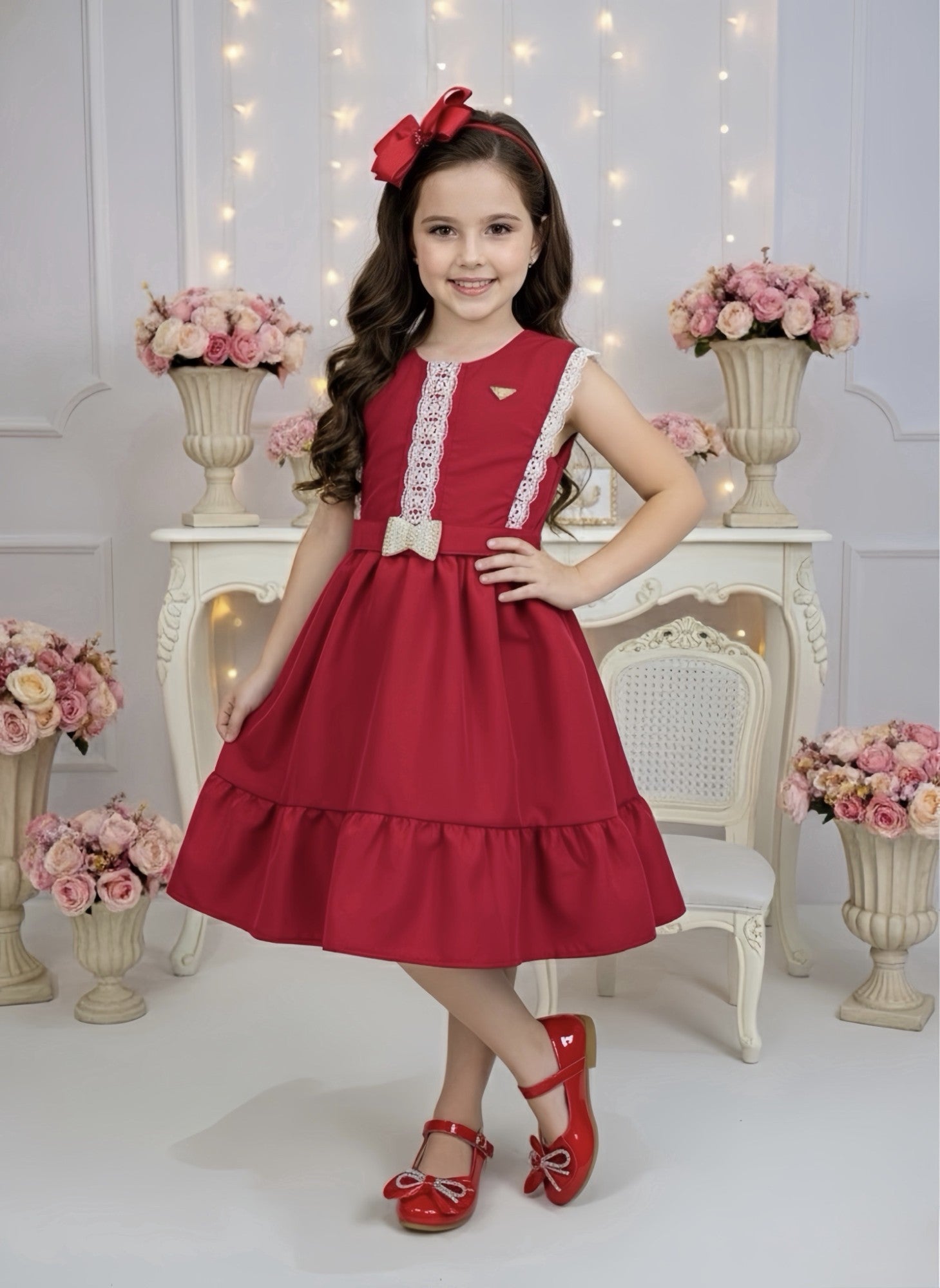 Vestido Infantil Vermelho com Detalhes em Guipir e Cinto para Festas
