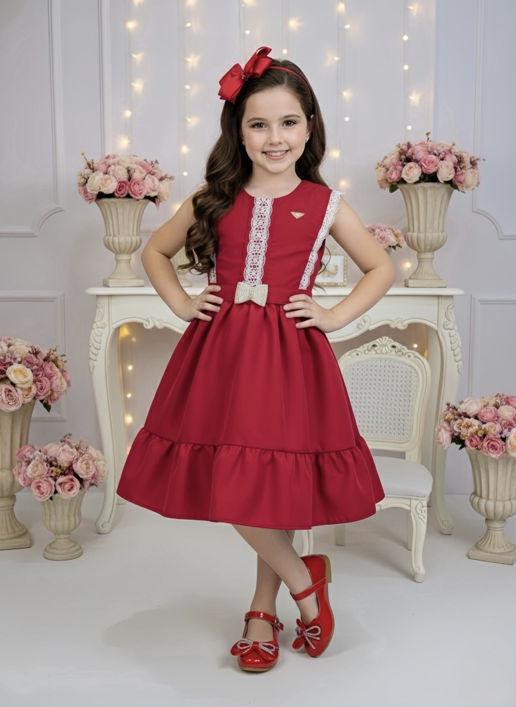 Vestido Infantil Vermelho com Detalhes em Guipir e Cinto para Festas