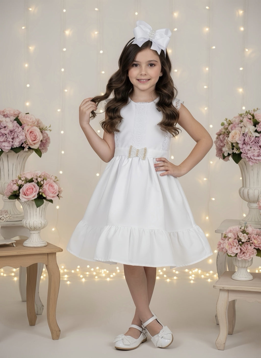 Vestido Infantil Branco com Detalhes em Guipir e Cinto para Festas