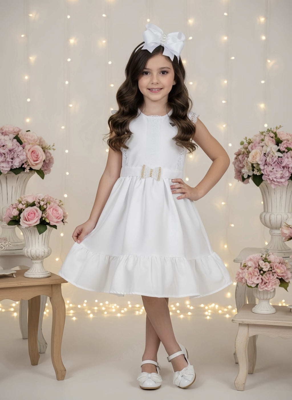 Vestido Infantil Branco com Detalhes em Guipir e Cinto para Festas