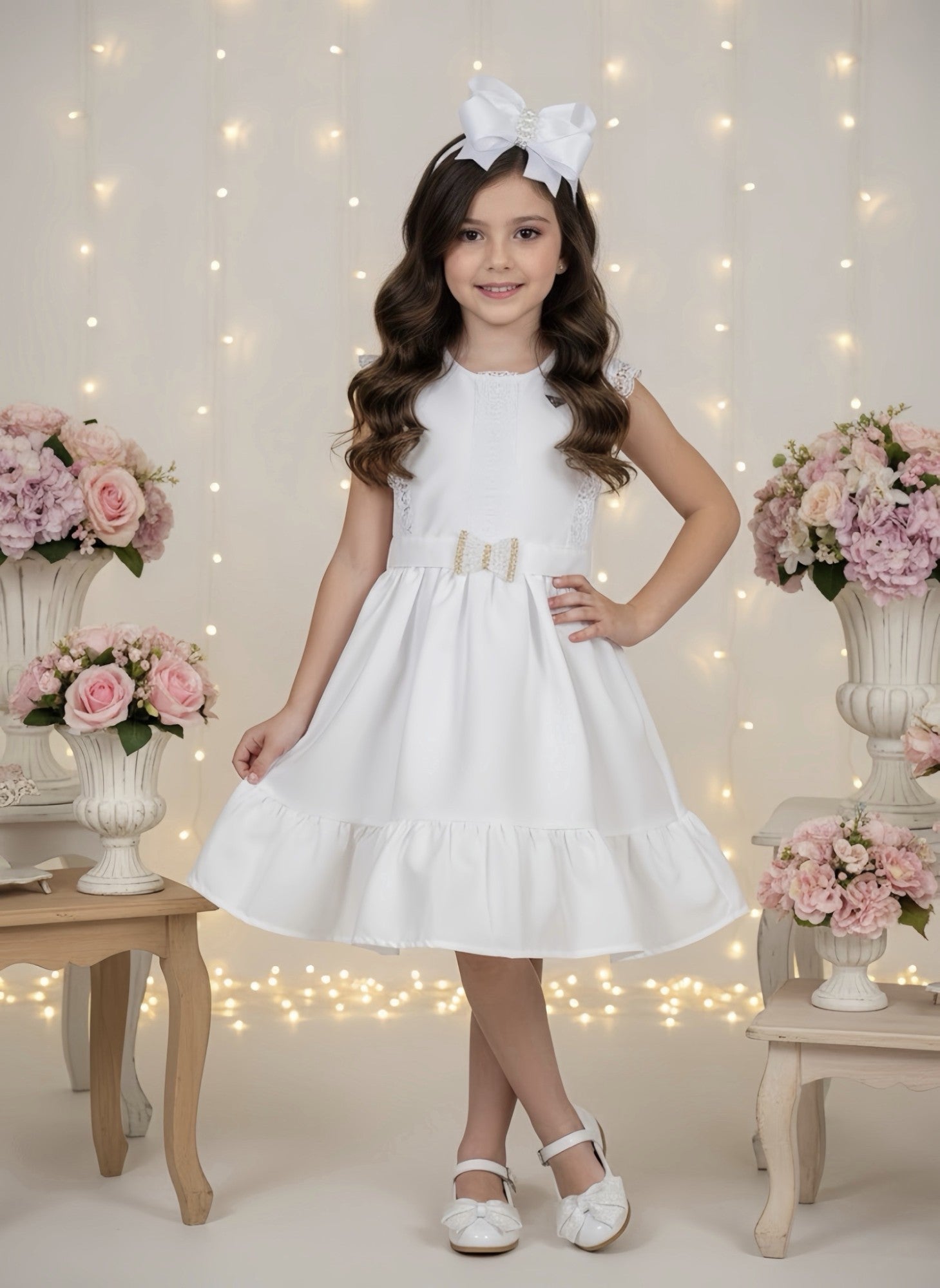 Vestido Infantil Branco com Detalhes em Guipir e Cinto para Festas