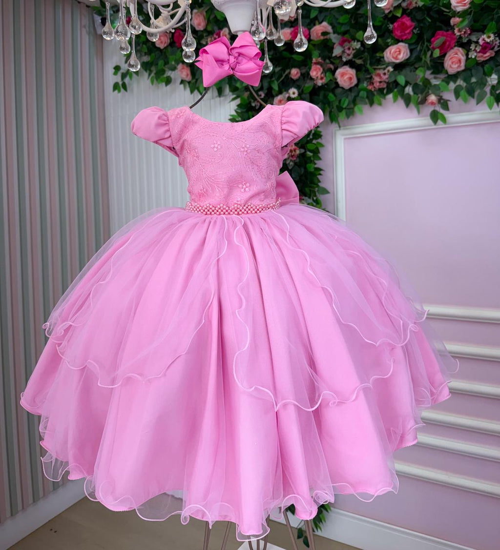Vestido Infantil Rosa Chiclete em Tule com Bordados Florais