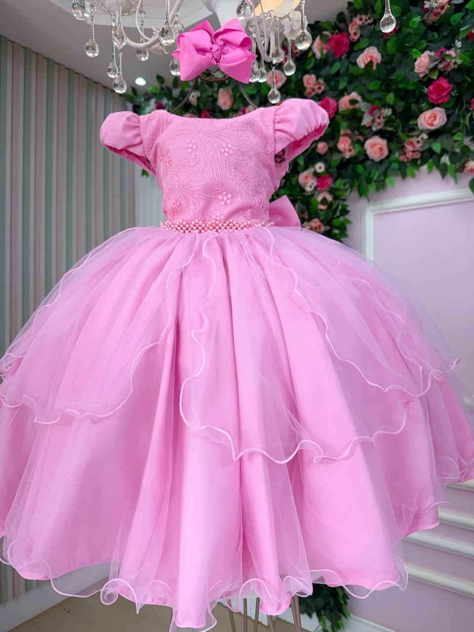 Vestido Infantil Rosa Chiclete em Tule com Bordados Florais