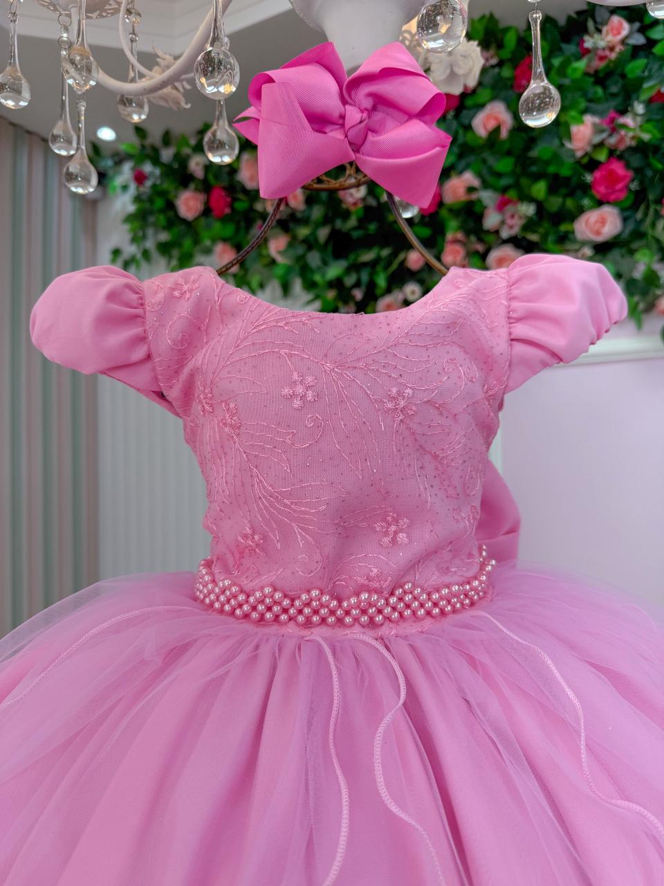 Vestido Infantil Rosa Chiclete em Tule com Bordados Florais