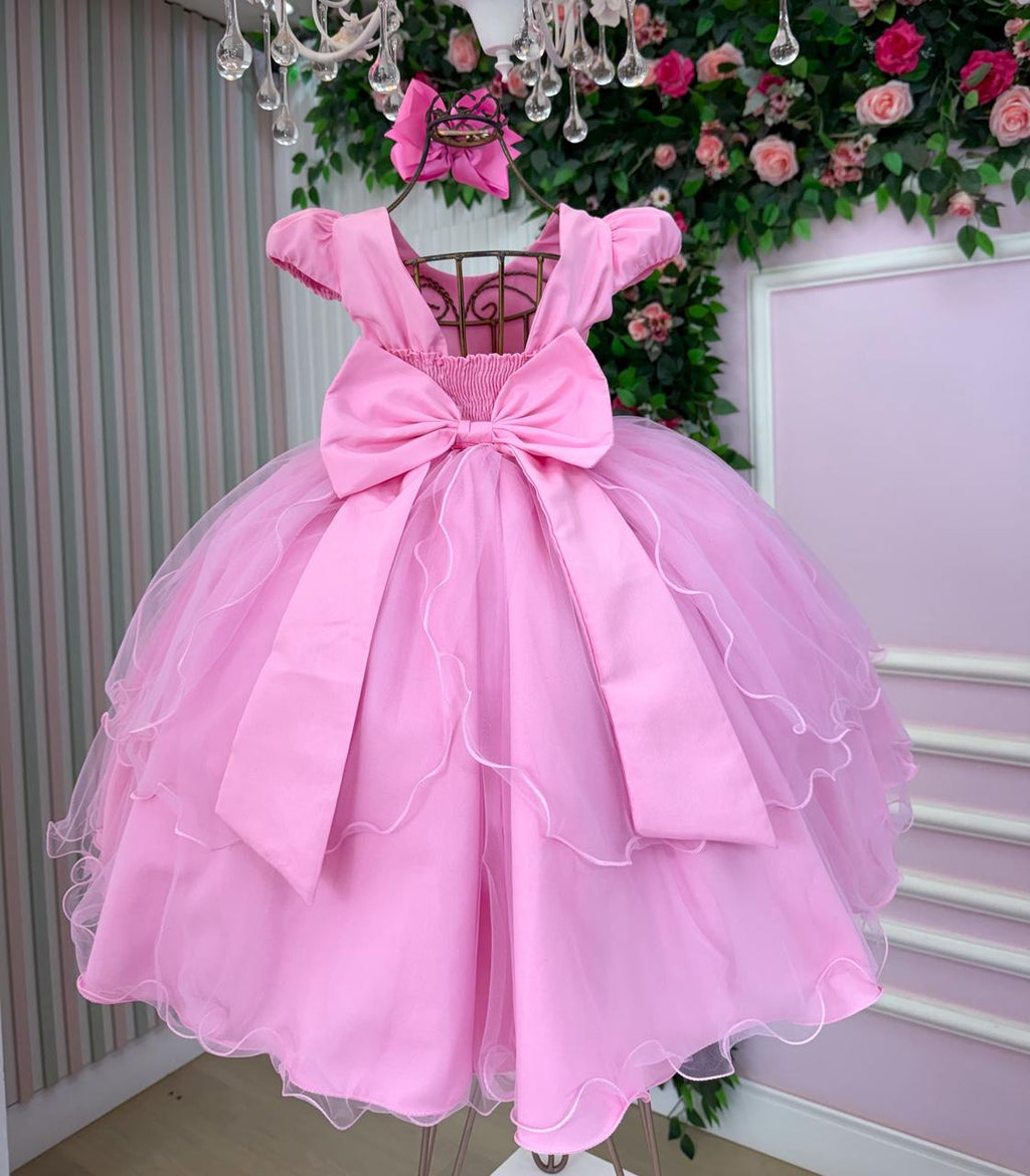 Vestido Infantil Rosa Chiclete em Tule com Bordados Florais