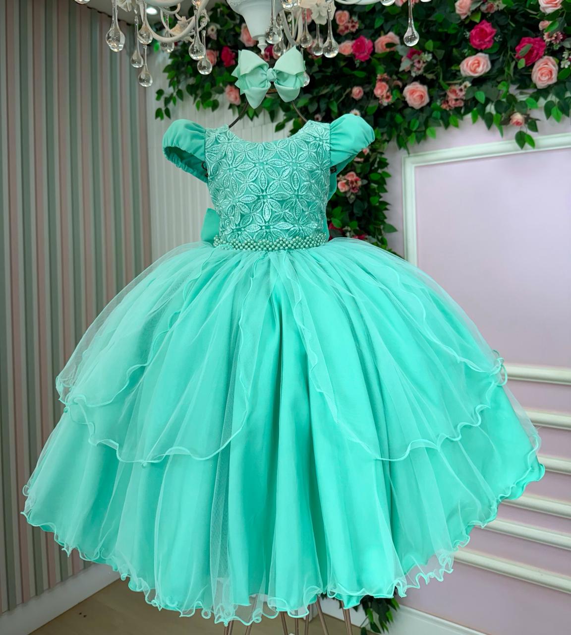 Vestido Infantil Verde Menta em Tule com Bordado Floral