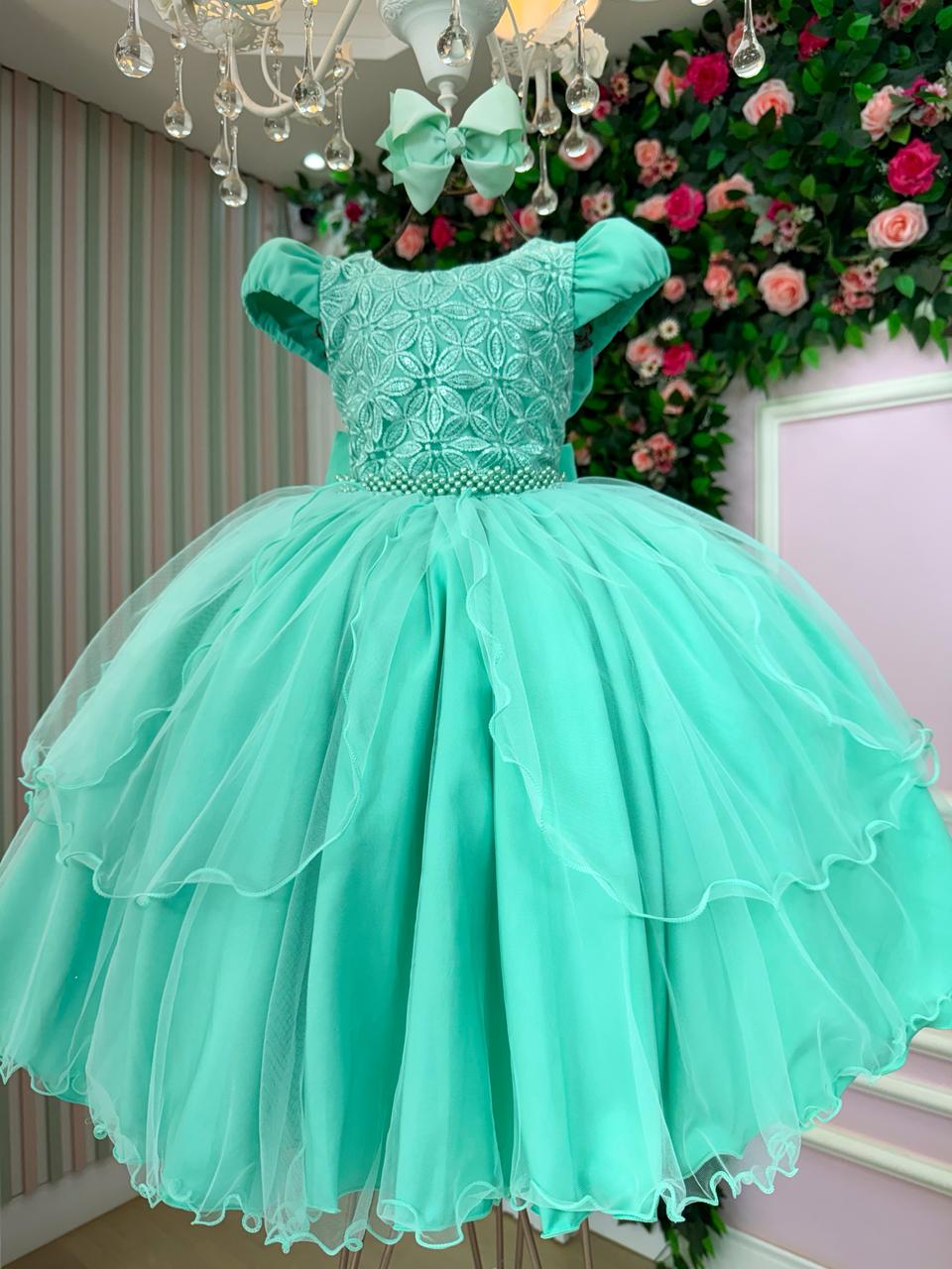 Vestido Infantil Verde Menta em Tule com Bordado Floral