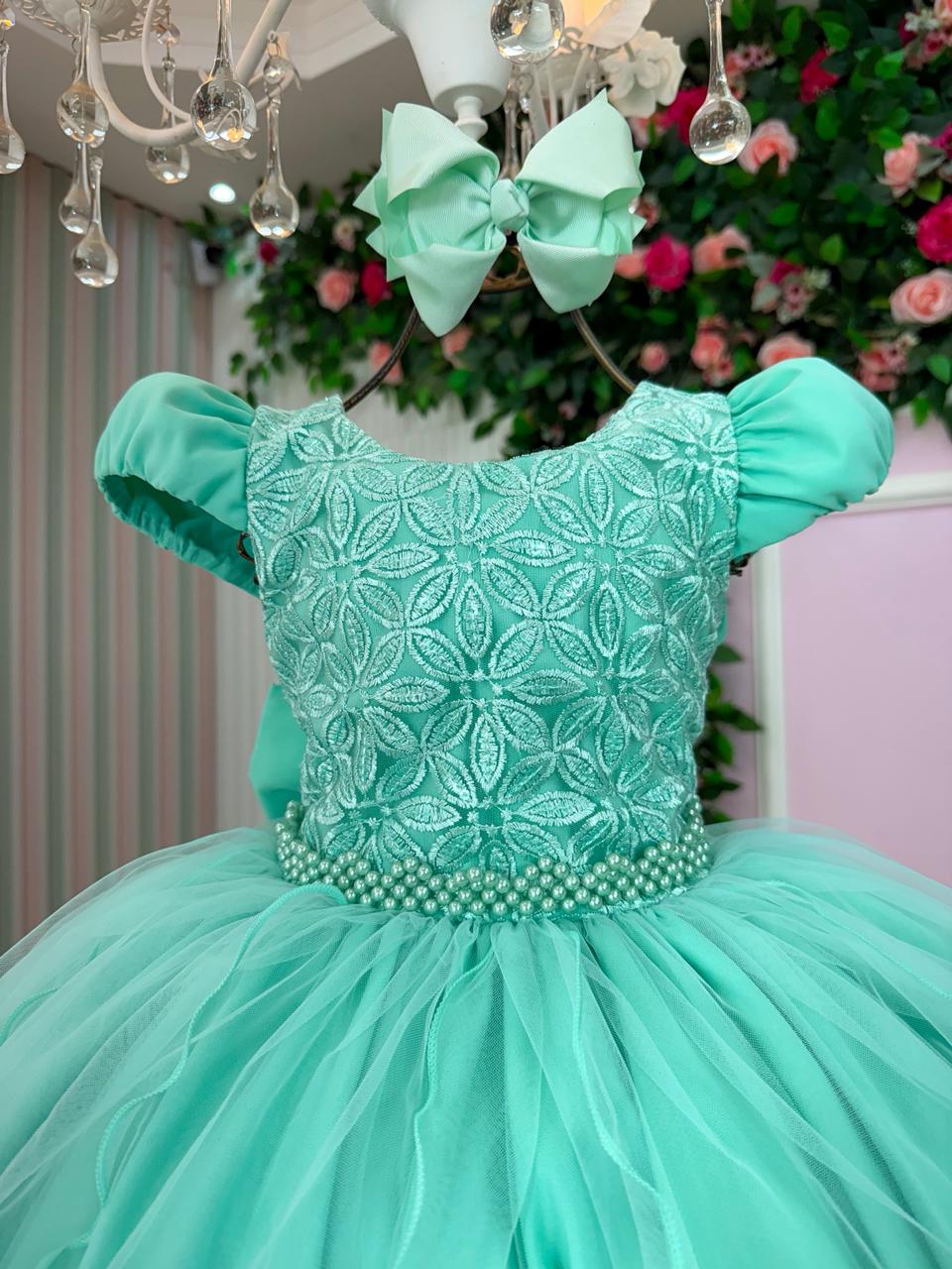 Vestido Infantil Verde Menta em Tule com Bordado Floral