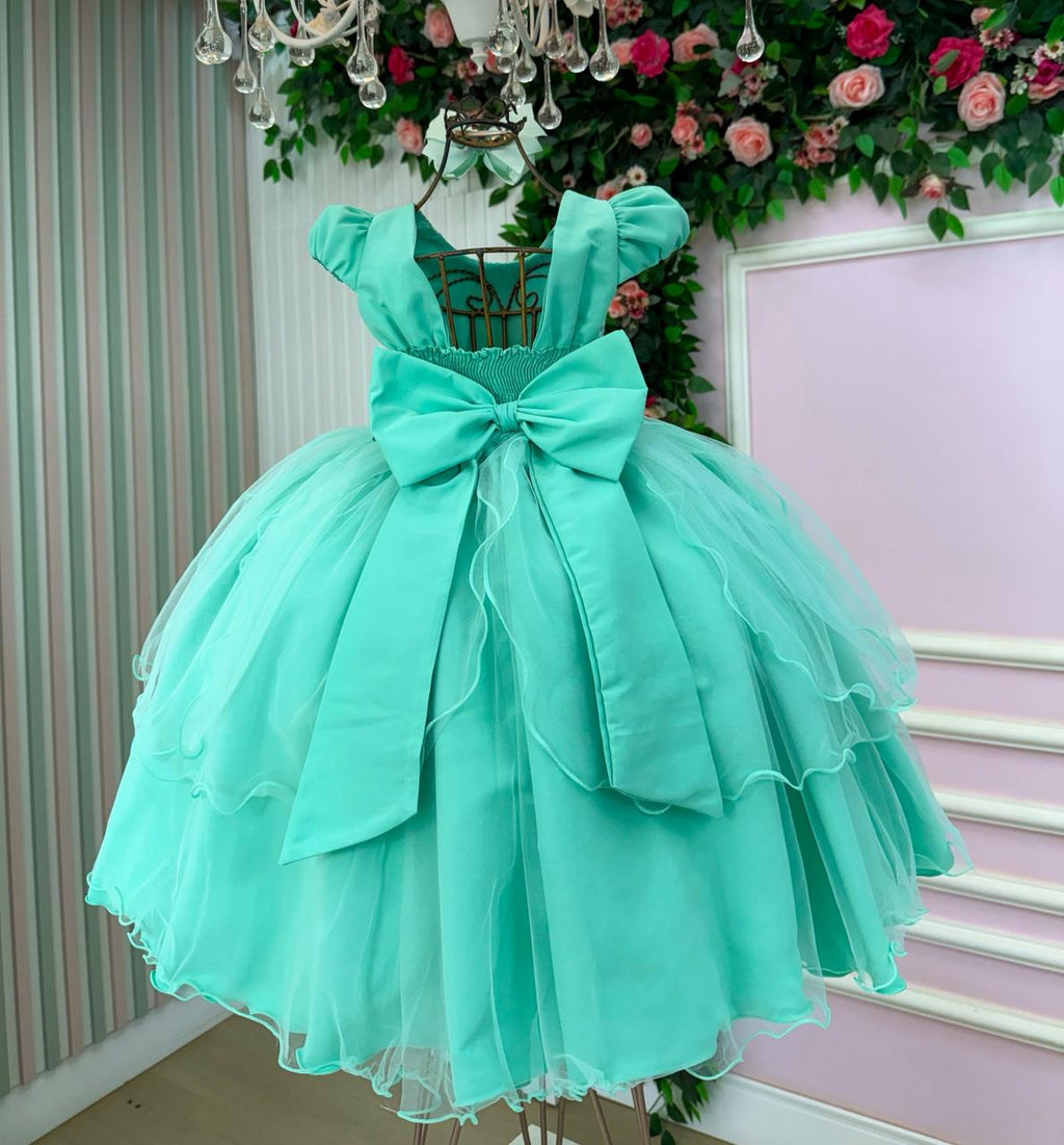 Vestido Infantil Verde Menta em Tule com Bordado Floral
