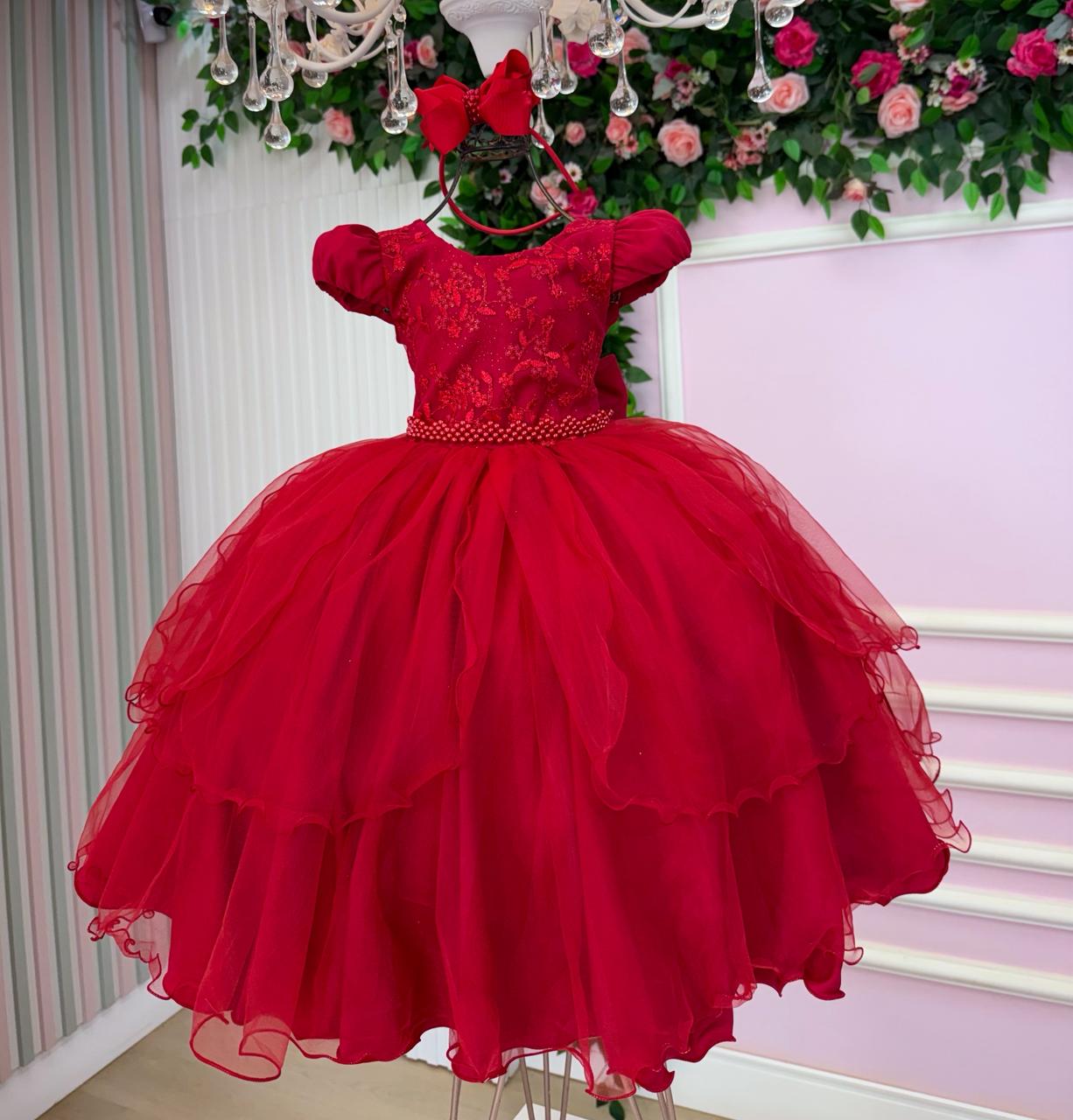 Vestido Infantil Vermelho de Tule com Bordado Floral