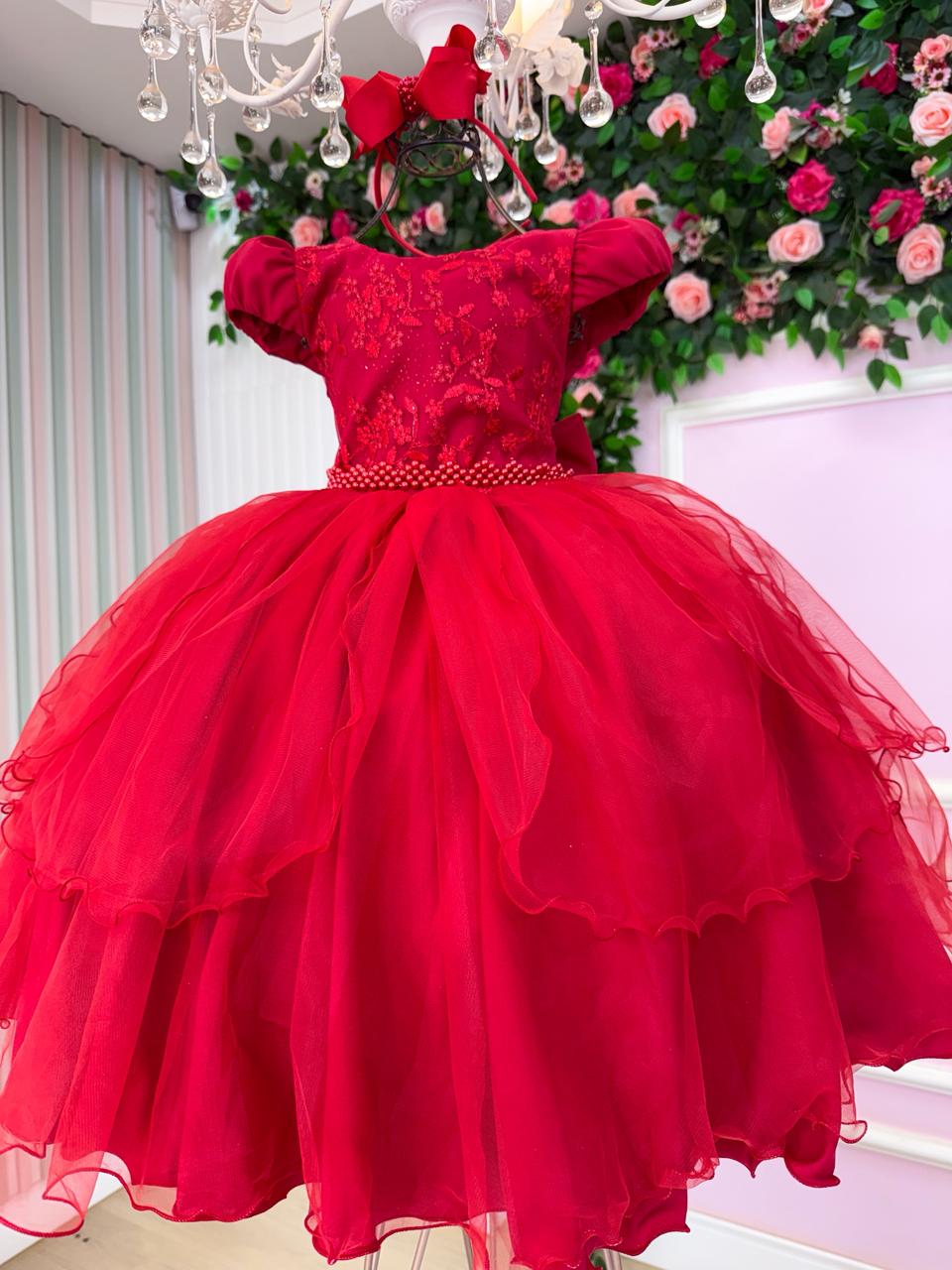 Vestido Infantil Vermelho de Tule com Bordado Floral