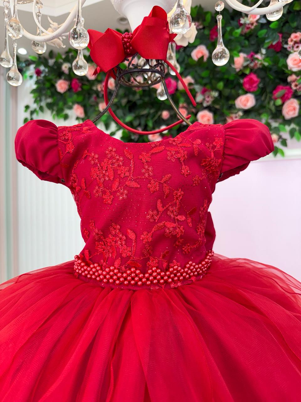 Vestido Infantil Vermelho de Tule com Bordado Floral