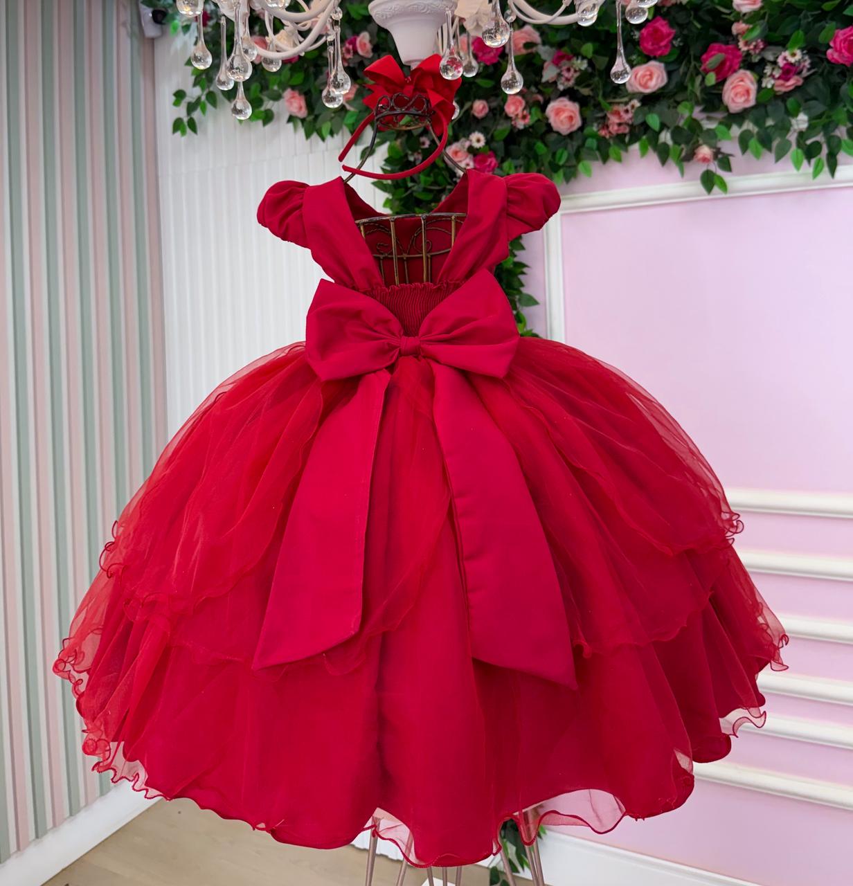 Vestido Infantil Vermelho de Tule com Bordado Floral