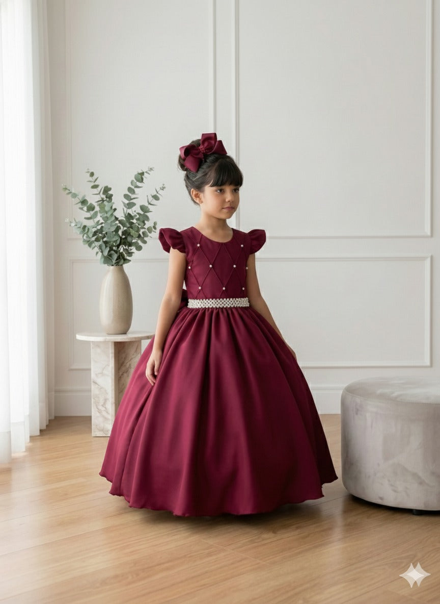 Vestido Longo Marsala em Poliéster com Babado Tule para Festas e Formaturas